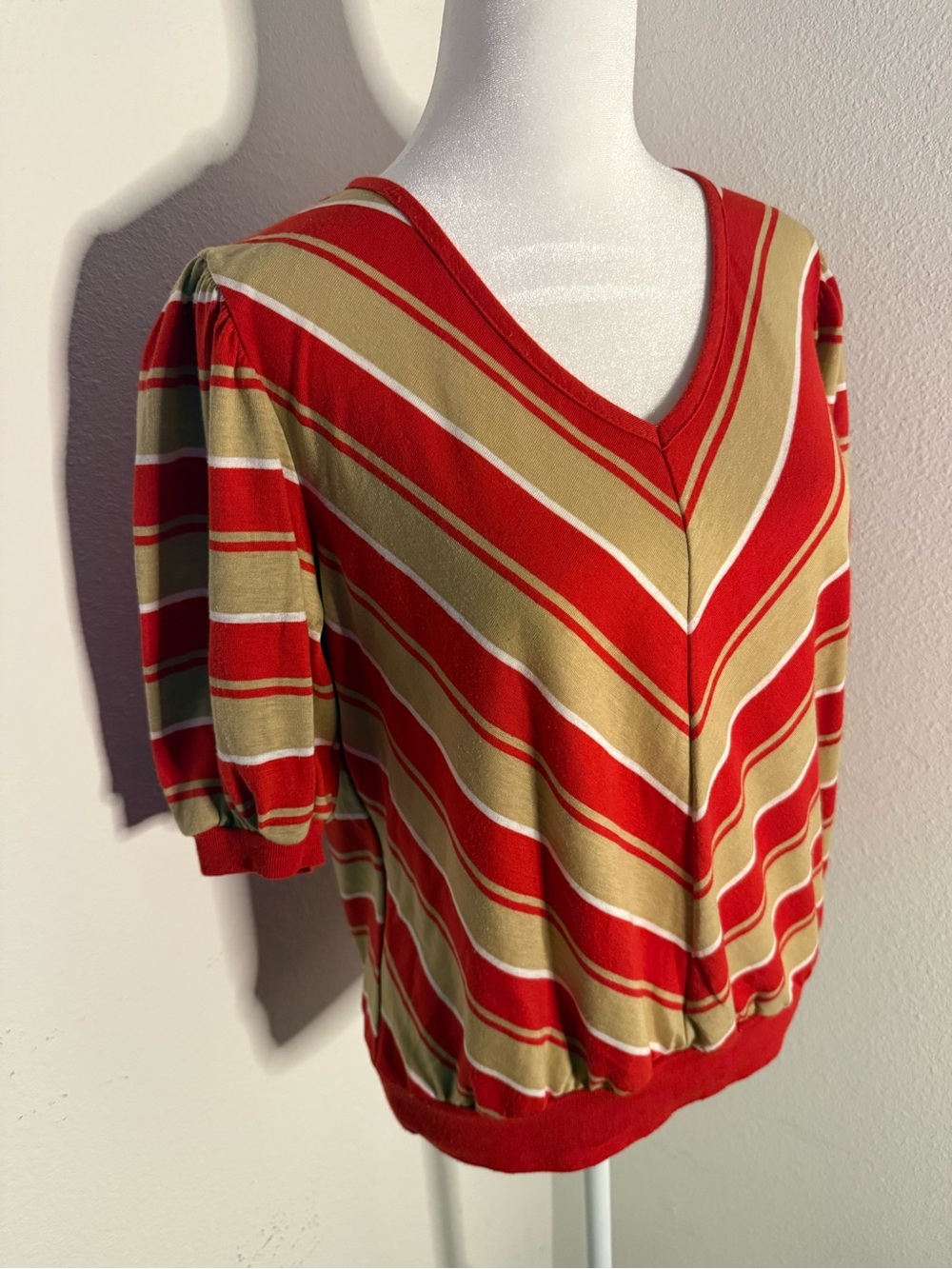 Vintage 70s Sears The Fashion Place Chevron Striped Blouse Puff Sleeve